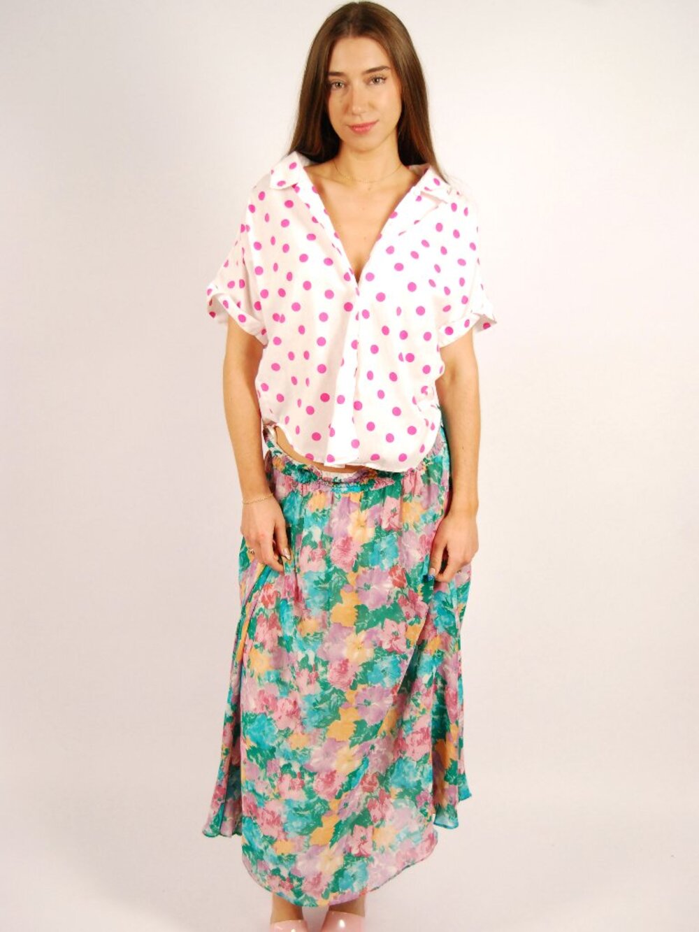80s Polka Dot Button Up (L) white pink vintage womens Judy Bond preppy retro